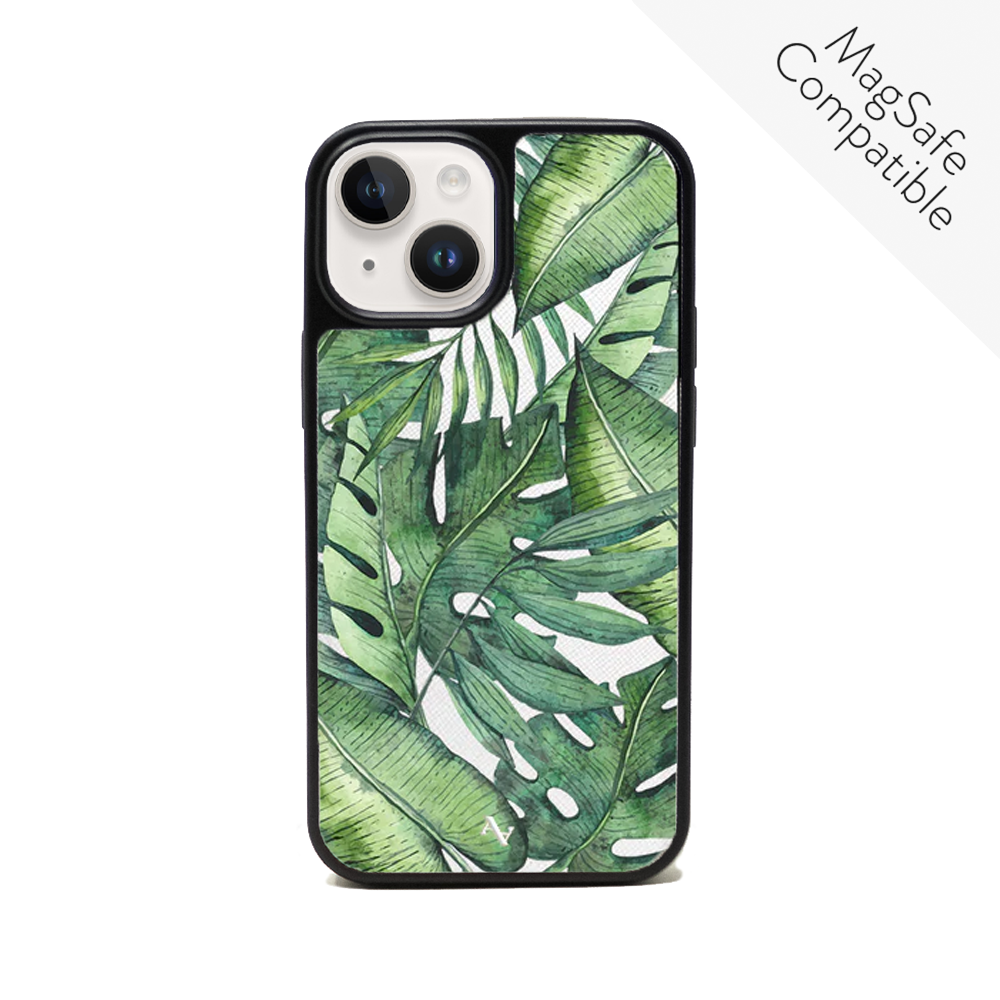 MAAD Tropical Plants Creta iPhone 14 Plus Leather Case in vegan saffiano leather with a soft rubber rim, showcasing personalization options.